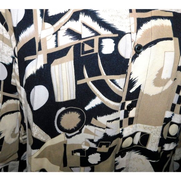 VTG Natural Issue By Feldini Men L Tan Black Geometric Shapes rayon Button Shirt - Picture 5 of 11